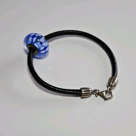 **Sale** Pandora Black Cord Bracelet W/ Large Blue Flowered Murano Glass Bead 7" - Picture 14 of 16